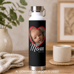 Mum Established Script Red Heart Photo Black Water Bottle