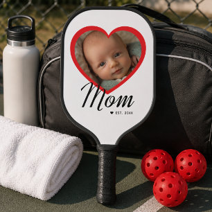 Mum Established Script Red Heart Photo White Pickleball Paddle