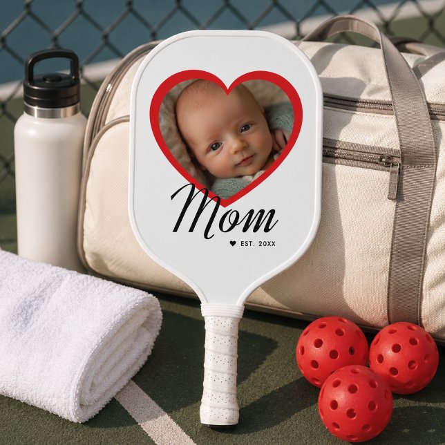 Mum Established Script Red Heart Photo White Pickleball Paddle (Creator Uploaded)