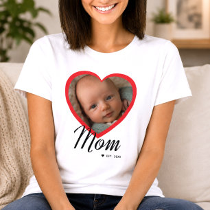 Mum Established Script Red Heart Photo White T-Shirt