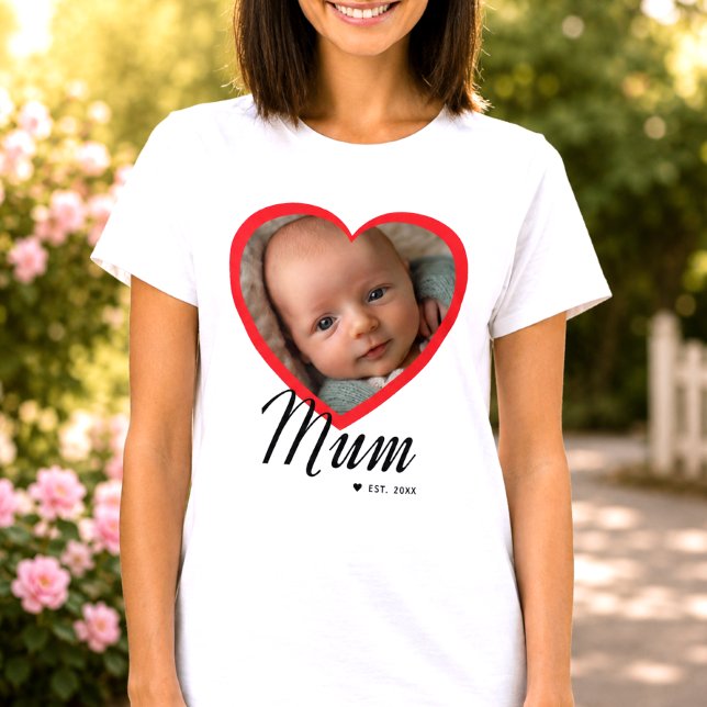 Mum Established Script Red Heart Photo White T-Shirt (Creator Uploaded)