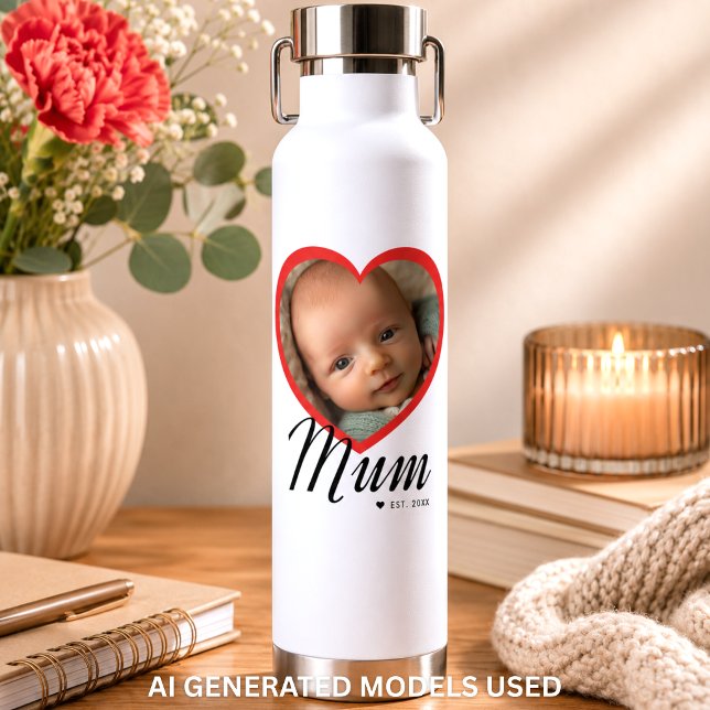 Mum Established Script Red Heart Photo White Water Bottle (Mum Established Script Red Heart Photo White Water Bottle)