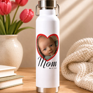 Mum Established Script Red Heart Photo White Water Bottle