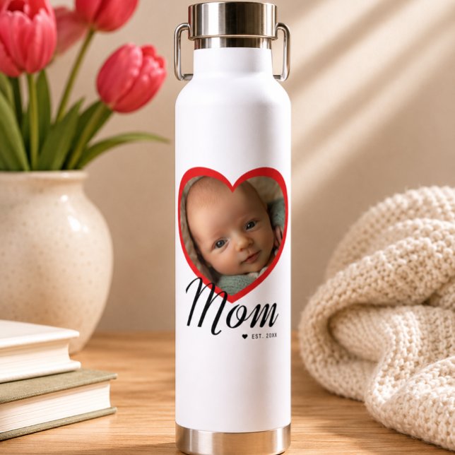 Mum Established Script Red Heart Photo White Water Bottle (Mom Established Script Red Heart Photo White Water Bottle)