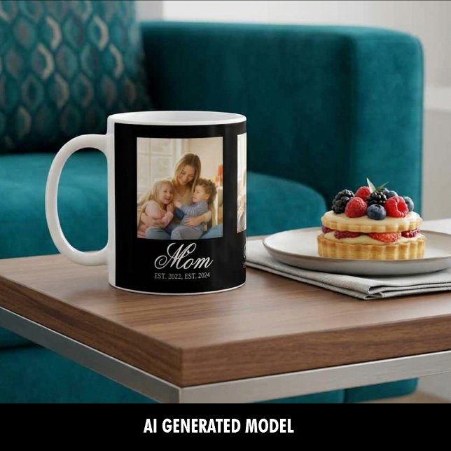 Mum Established Three Photo Cherished Memories Coffee Mug (Mom Established Black Elegant Script 3 Photo Coffee Mug)