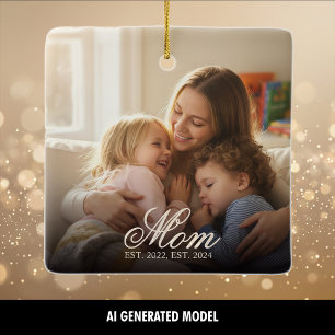 Mum Established White Elegant Script Photo Ceramic Ornament