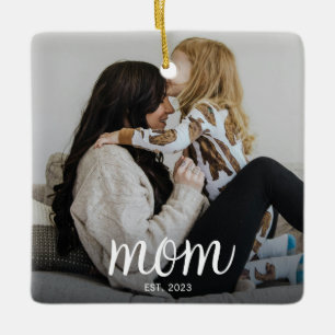 Mum Established White Script Photo Ceramic Ornament