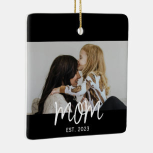 Mum Established White Script Photo Ceramic Ornament