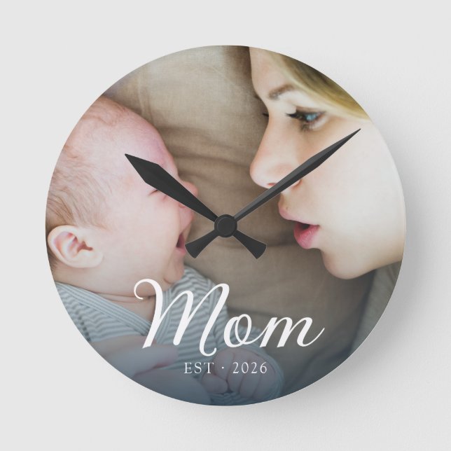 Mum Established White Script Photo Round Clock (Front)