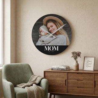 Mum Established White Typography Photo Gift Round Clock