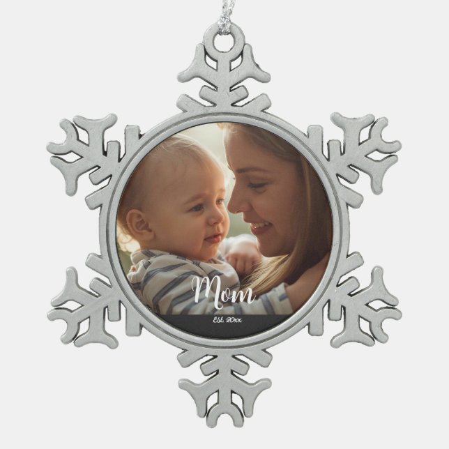 Mum Established Year Script Photo Snowflake Pewter Christmas Ornament (Front)