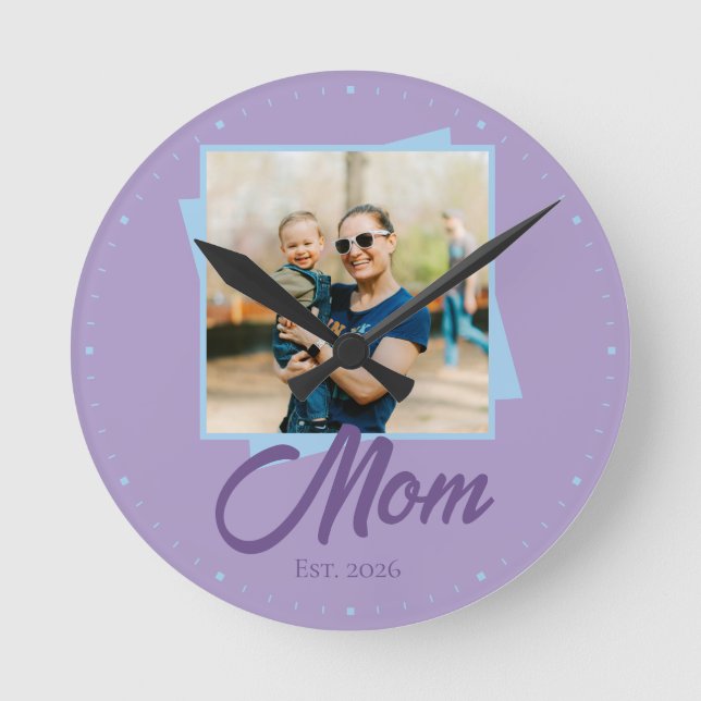 Mum Established Year with Custom Photo Round Clock (Front)
