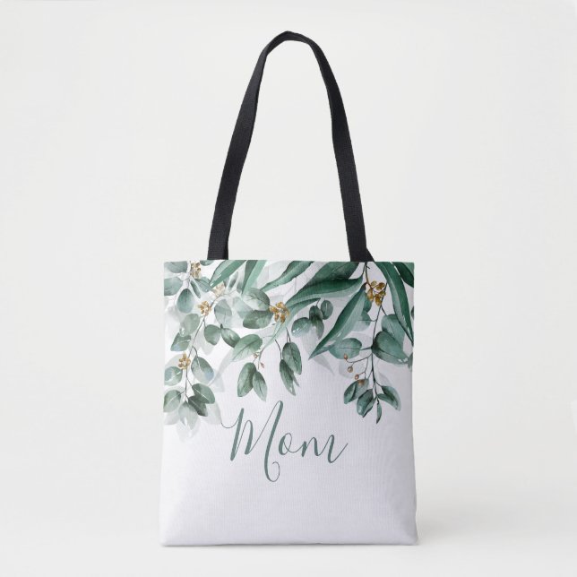 Mum Eucalyptus Foliage Modern Watercolor Tote Bag (Front)