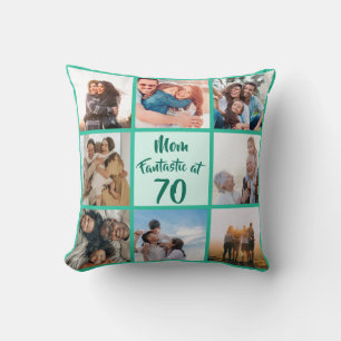Mum fantastic at 70 birthday green photo collage cushion