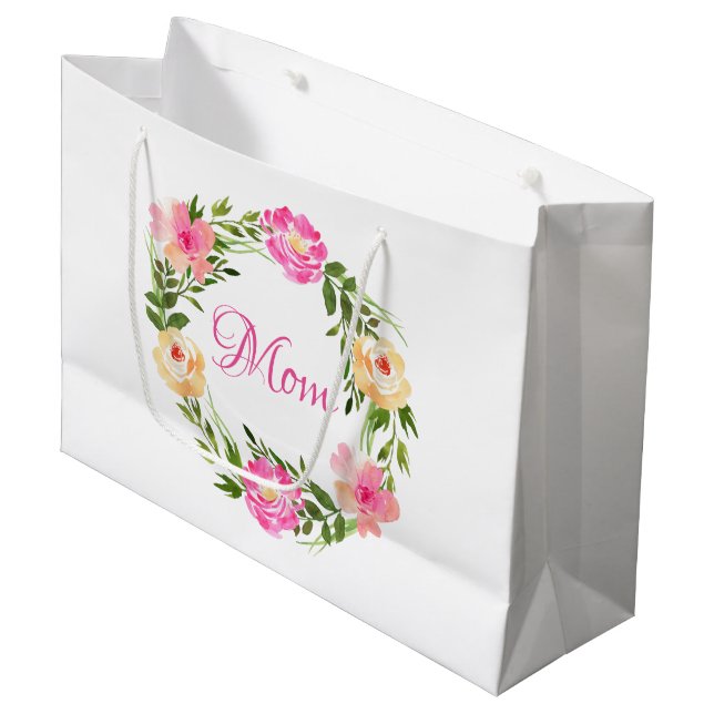 Mum Feminine Floral Personalised Watercolor Large Gift Bag (Front Angled)