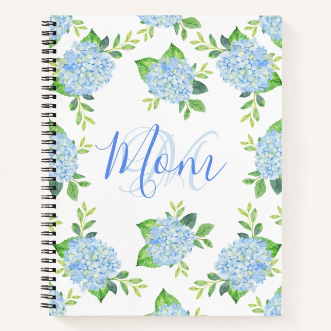 Mum Floral Blue Hydrangea Watercolor Modern Notebook (Front)