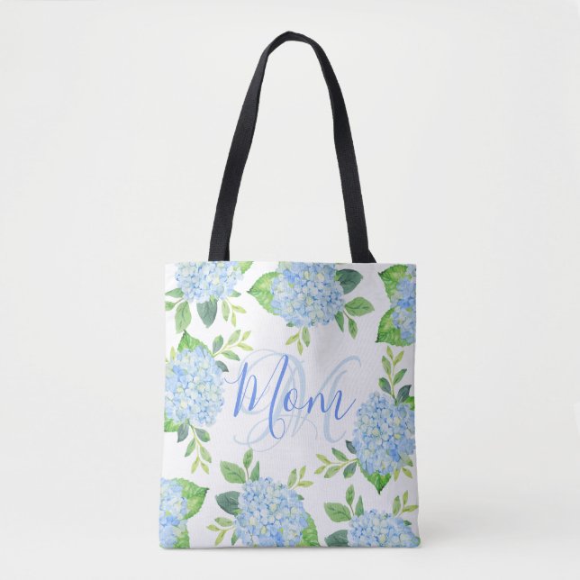 Mum Floral Blue Hydrangea Watercolor Modern Tote Bag (Front)