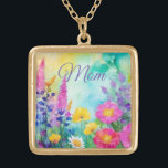 Mum floral garden art gold plated necklace<br><div class="desc">Make mum feel special. Or personalise for your friend wife, sister, aunt. This close up impressionistic floral garden is remiscent of Monet style, but is a mixed media inked and sketched art by Holly Willner, noted for her vibrant floral alcohol ink works. Sure to fetch compliments! See other accessories w...</div>