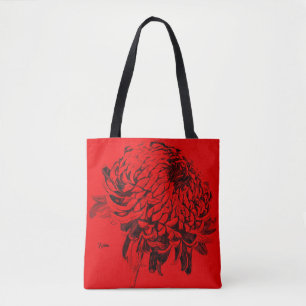 Mum Flower Line Drawing Red Grey Black Tote Bag