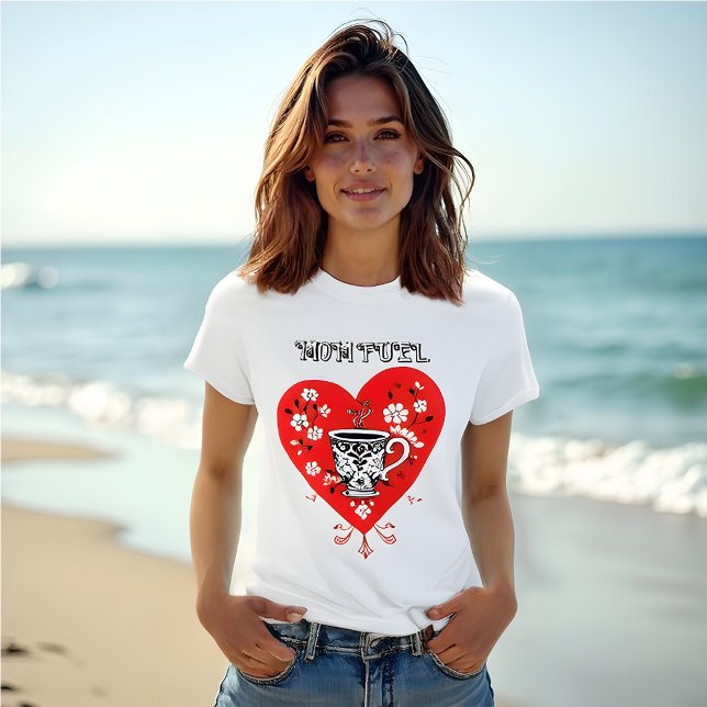 Mum Fuel – Folk Art Red Heart with Coffee Cup T-Shirt (Mo.Fuel Folf Art style Red Heard with Coffee Cup ,T-Shirt.   Honor motherhood.)