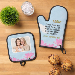 Mum Funny Quote Flowers Floral Mother's Day Photo Oven Mitt & Pot Holder Set