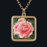 Mum Giant Pink Rose Close-up Photo Custom Name Gold Plated Necklace<br><div class="desc">“Mum.” A close-up photo of a softly-lit pink rose against dark green foliage makes you want to "stop and smell the flowers". Relax and inhale the beauty of this photograph whenever you wear this stunning, beautiful photography personalised name charm necklace. This necklace comes in small, medium and large sizes, as...</div>