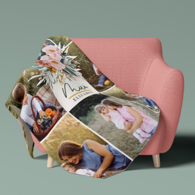 mum gift 8 photo pink girly watercolour floral fleece blanket (Creator Uploaded)