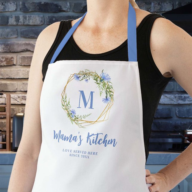 Mum Gift Blue Cornflowers Gold Geometric Monogram Apron (mom apron personalized christmas gift monogram blue cornflowers gold geometric flowers frame pretty)