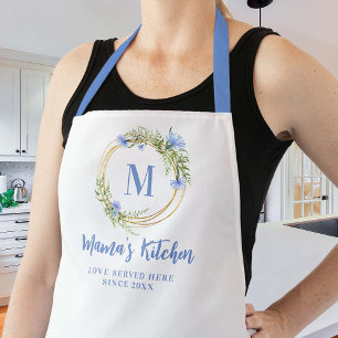 Mum Gift Blue Cornflowers Gold Wreath Monogram Apron