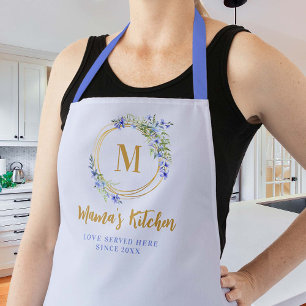 Mum Gift Blue Meadow Wildflower Chic Gold Monogram Apron