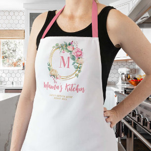 Mum Gift Pink Blush Roses Flowers Gold Monogram Apron