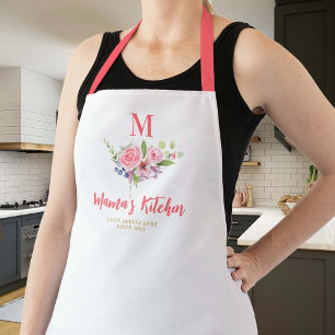 Mum Gift Pink Blush Whimsical Flowers Monogram Apron