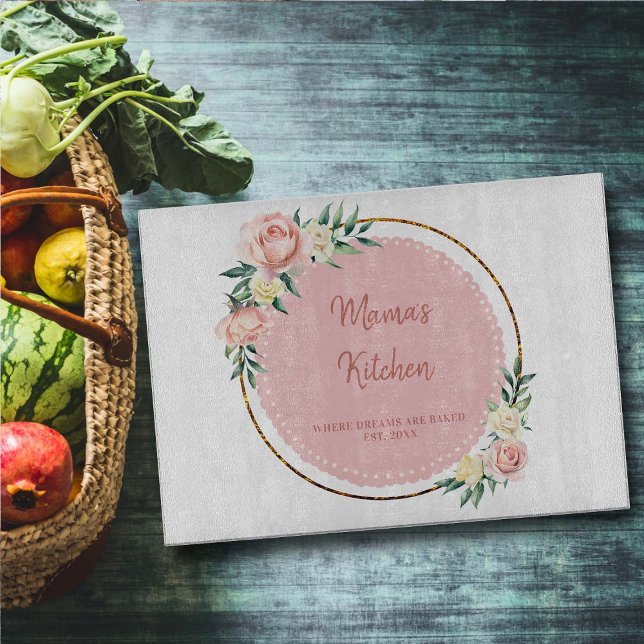 Mum Gift Pink Gold Green Floral Wreath Blush Roses Cutting Board (mom gift gold floral wreath pink blush roses botanical eucalyptus thanksgiving christmas birthday )