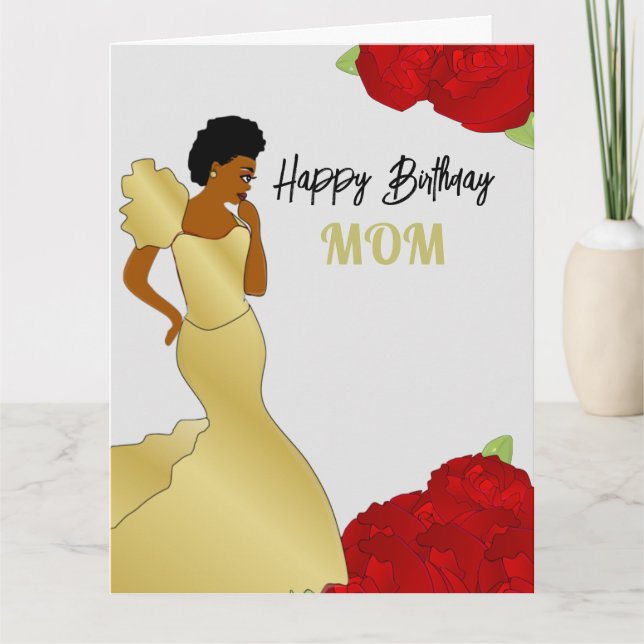 Mum Glam Red Roses African American Birthday Card (Front)