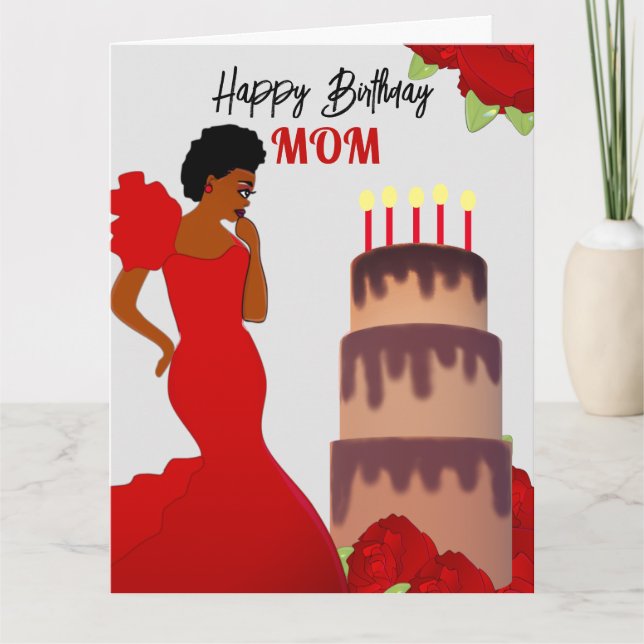 Mum Glam Red Roses & Cake African American Card (Front)