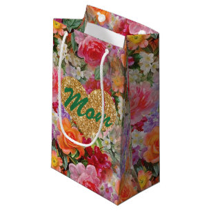 Mum Gold FauxGlitter Heart Colourful Spring Flower Small Gift Bag