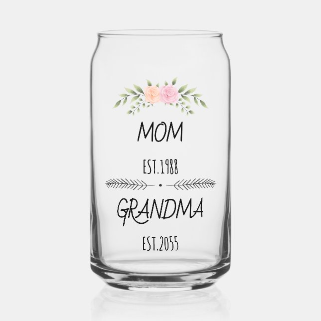 Mum & Grandma Custom Floral Family Establishe Year Can Glass (Front)