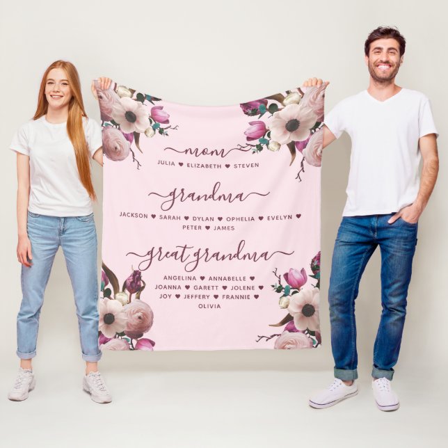 Mum Grandma & Great Grandma With Names Floral Fleece Blanket (In Situ)