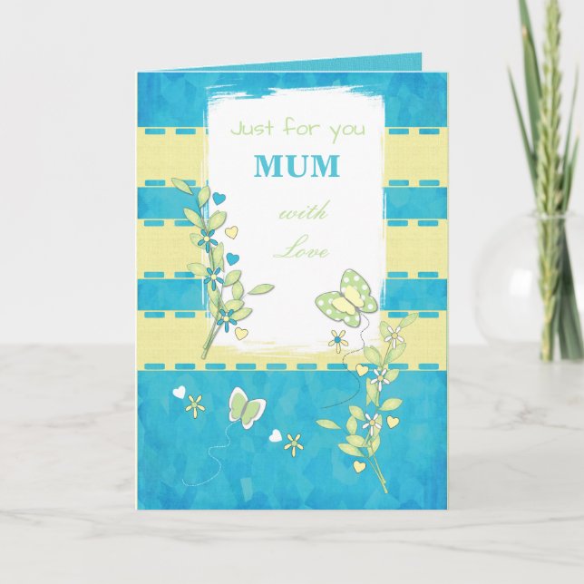 Mum green and blue with butterflies greeting card (Front)