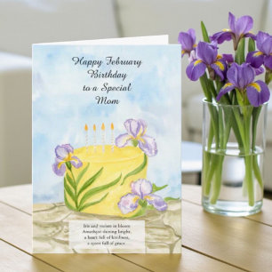 Mum Happy February Irises Birthday Cake Card