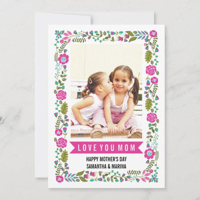 Mum, Happy Mothers Day aqua, hot pink floral photo Card (Front)
