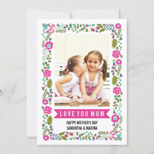 Mum, Happy Mothers Day aqua, hot pink floral photo Card
