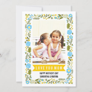 Mum, Happy Mothers Day aqua, yellow floral photo Card