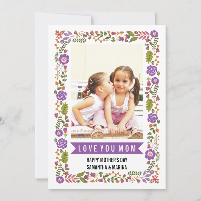Mum, Happy Mothers Day purple, orange floral photo Card (Front)