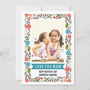 Mum, Happy Mothers Day teal and red floral photo Card