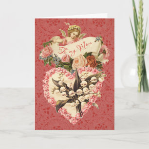 Mum, Happy Valentine's Day, vintage angel, roses Holiday Card