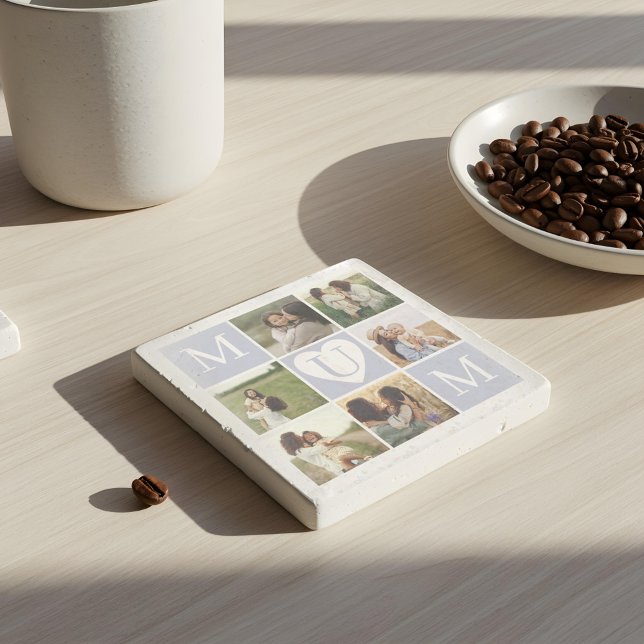 Mum Heart Photo Collage Gird Monogram Keepsake Stone Coaster (Mum Heart Photo Collage Gird Monogram Keepsake Stone Coaster)