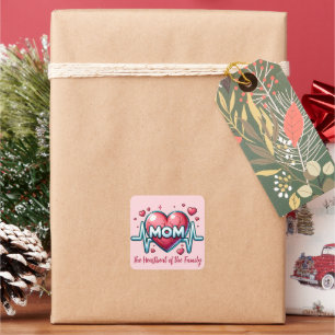 Mum Heartbeat of the Family with Red Heart Square Sticker