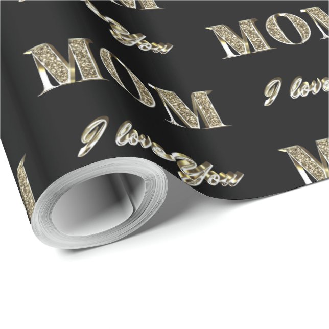 Mum I Love You Black and Gold Sparkles Typography Wrapping Paper (Roll Corner)