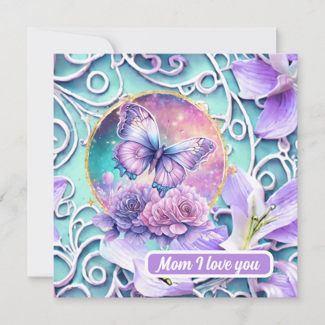 Mum I Love You Fantasy Purple Butterfly Universe   Holiday Card (Front)